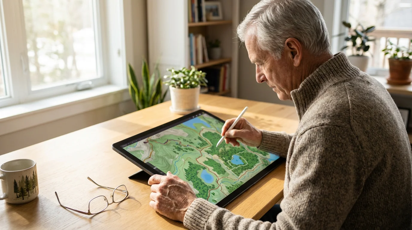Senior man from over-the-shoulder planning a hike on a tablet at home.