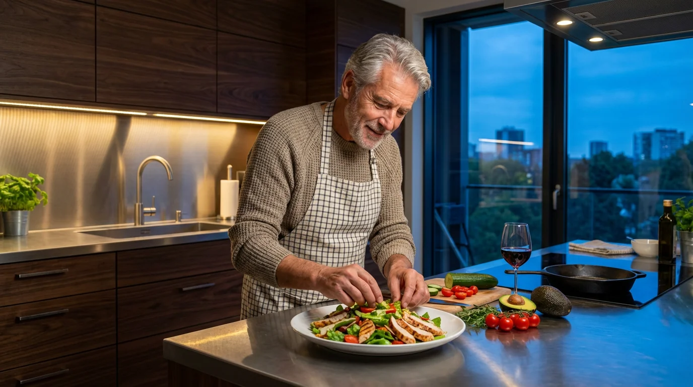 Senior man in a modern kitchen at dusk preparing a healthy diabetic-friendly meal.