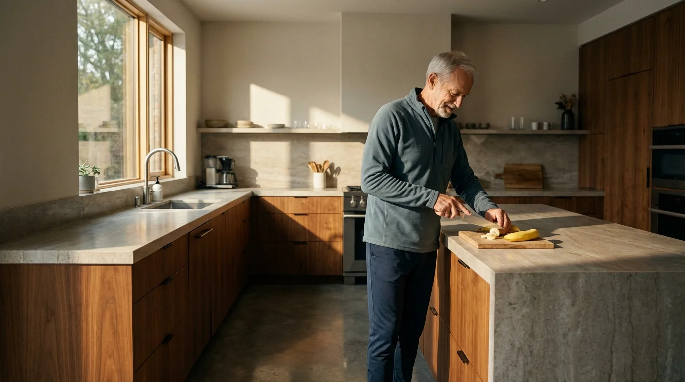 Senior man in a modern kitchen with long shadows preparing a healthy banana snack.
