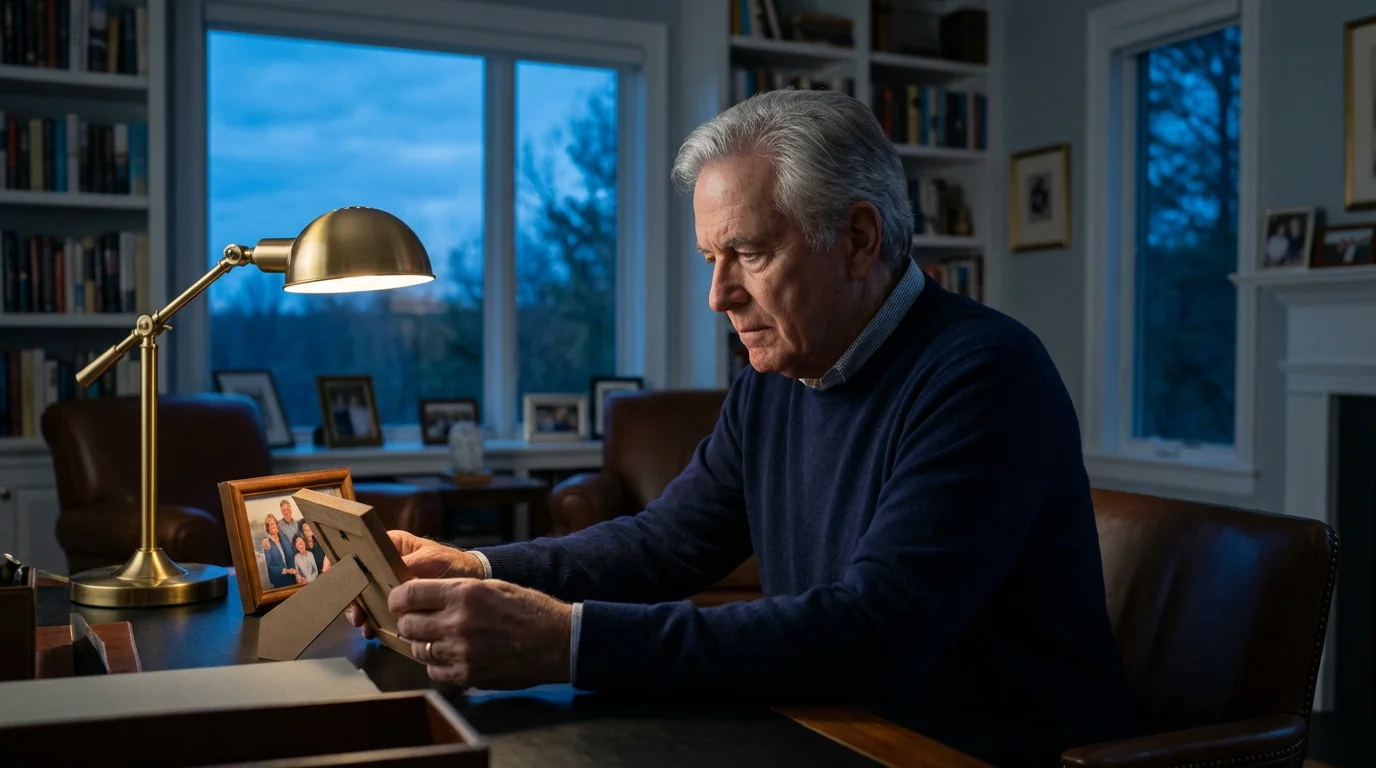 Senior man in a study at twilight, thoughtfully looking at a family photograph.
