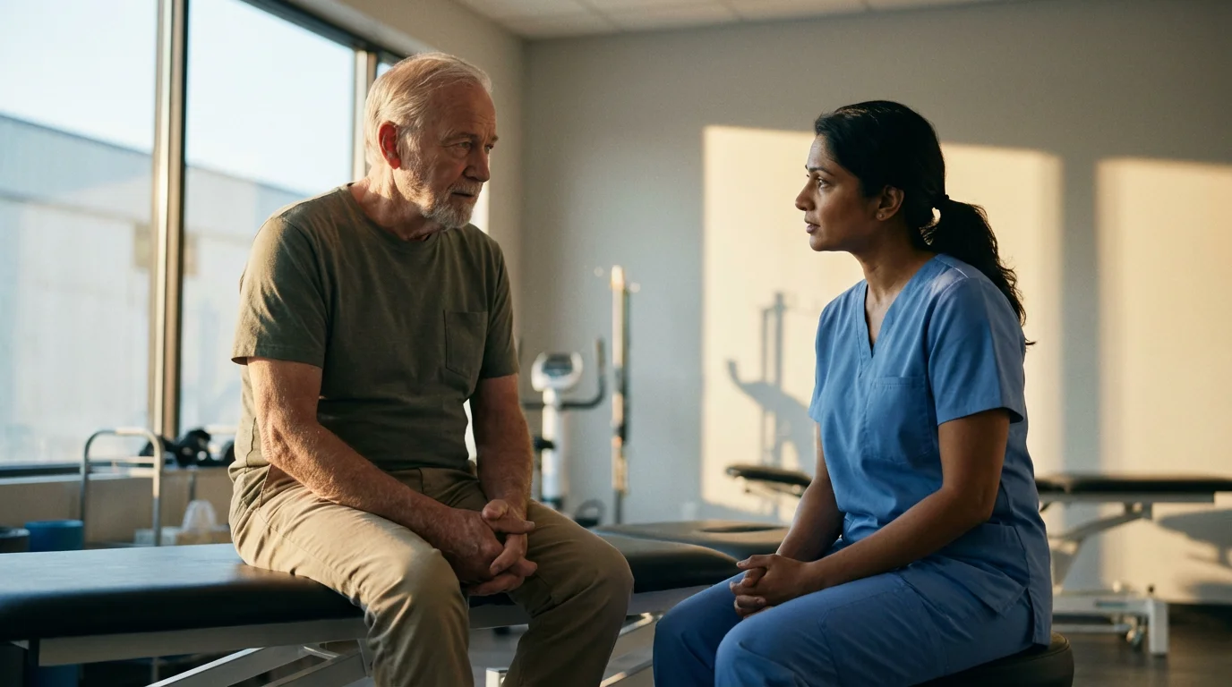Senior man in a thoughtful consultation with a female physical therapist in a clinic.