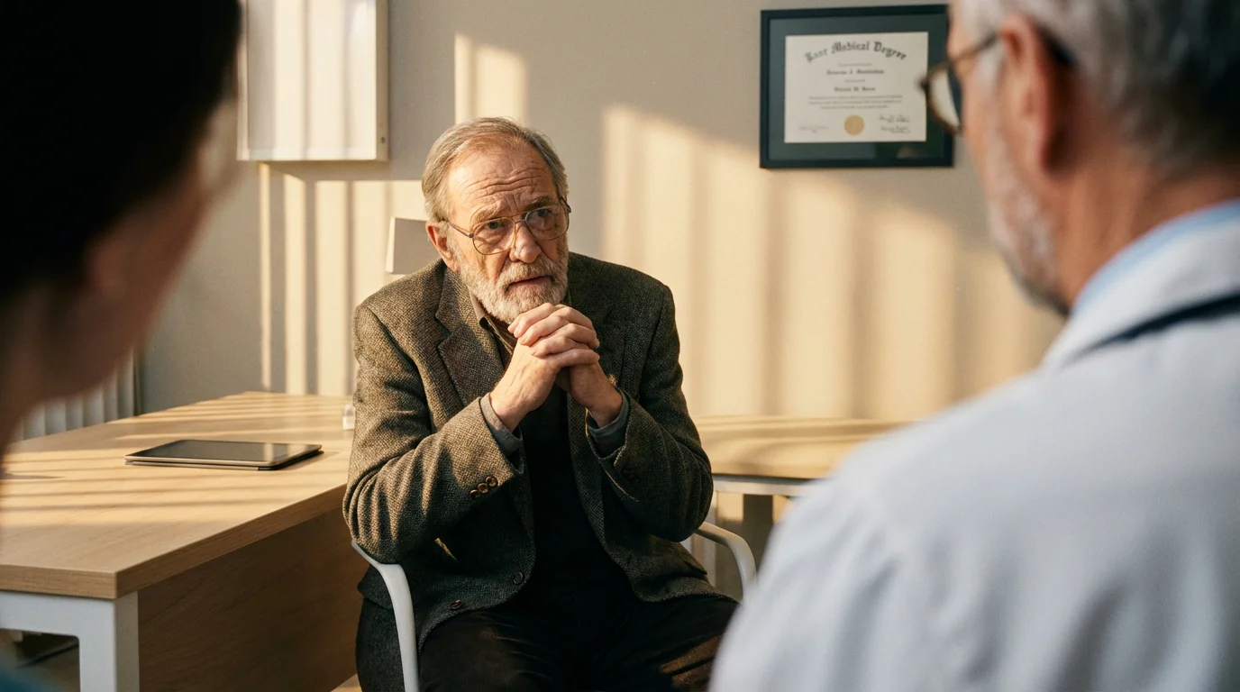 Senior man in a thoughtful consultation with his doctor during a moody afternoon.