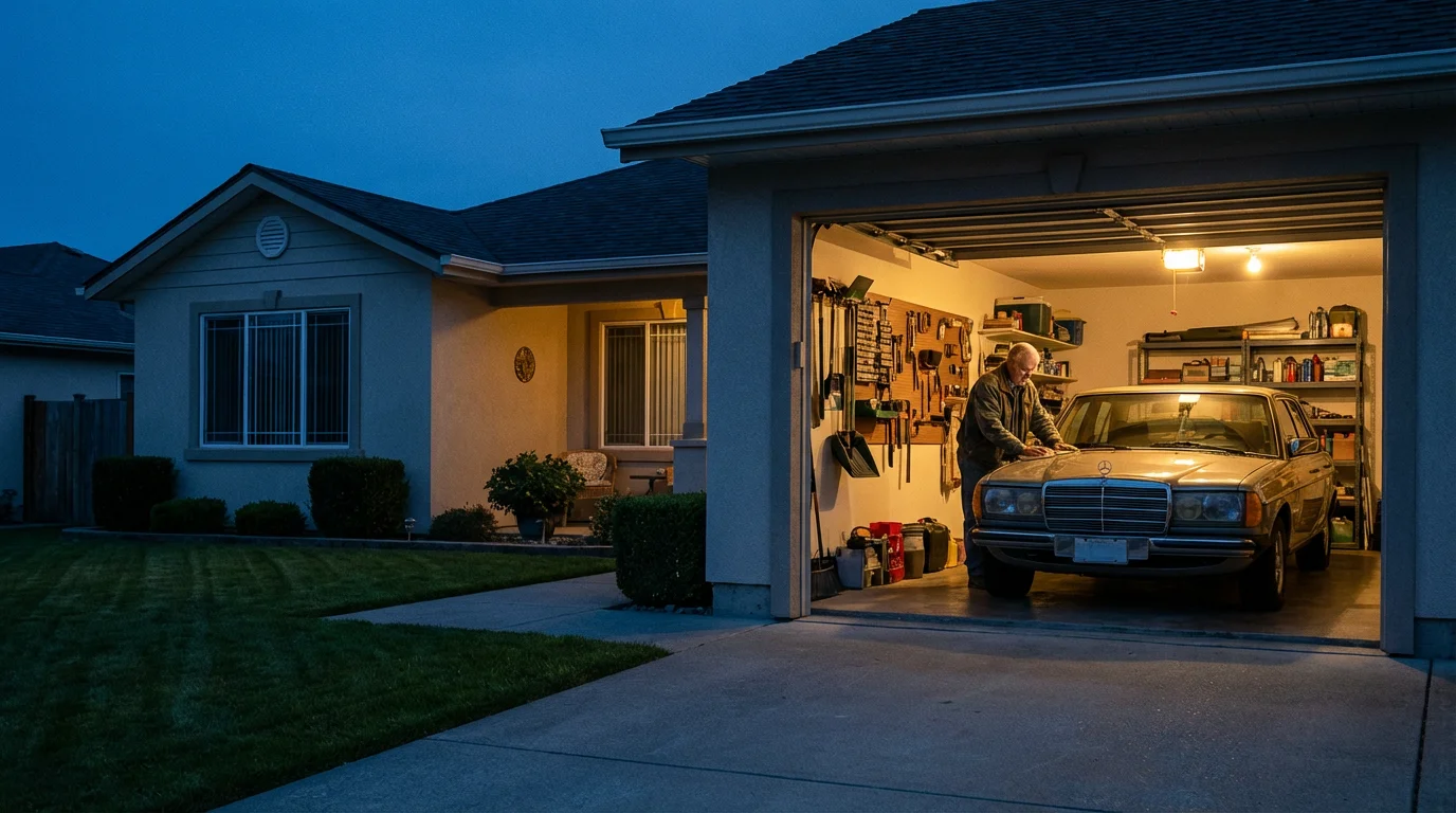 Senior man in his garage at dusk, polishing his car next to his home.