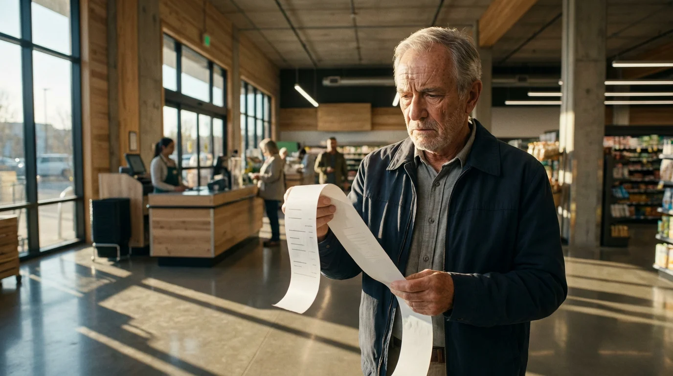 Senior man looking concerned at a long grocery receipt at a checkout counter.