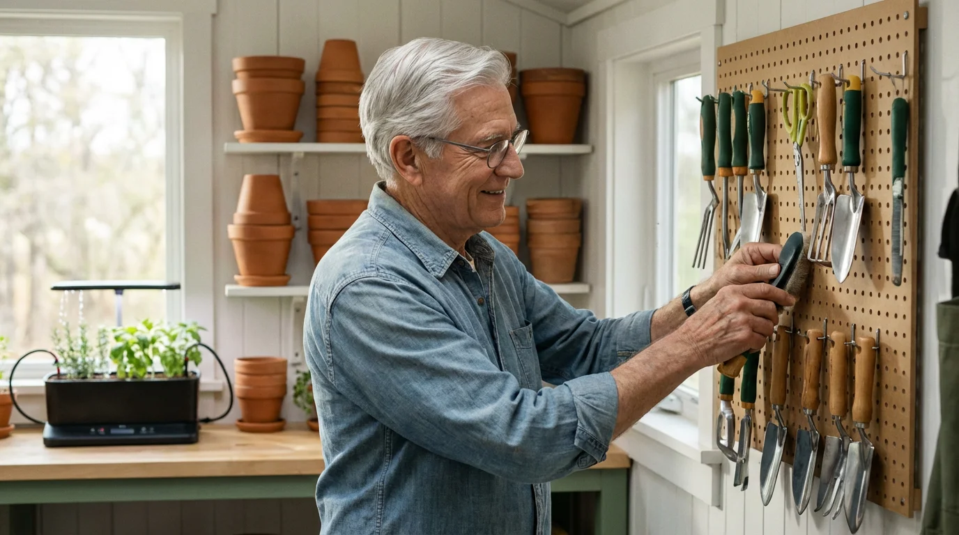Senior man organizing gardening tools in a bright, orderly sunroom work area.