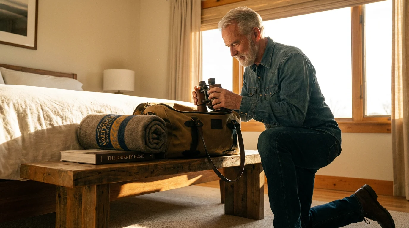 Senior man packing a duffel bag with binoculars for a glamping trip at sunset.