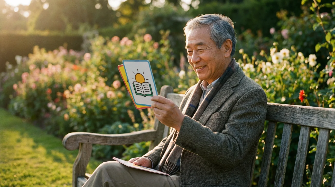 Senior man sitting on a garden bench during golden hour, learning with language flashcards.