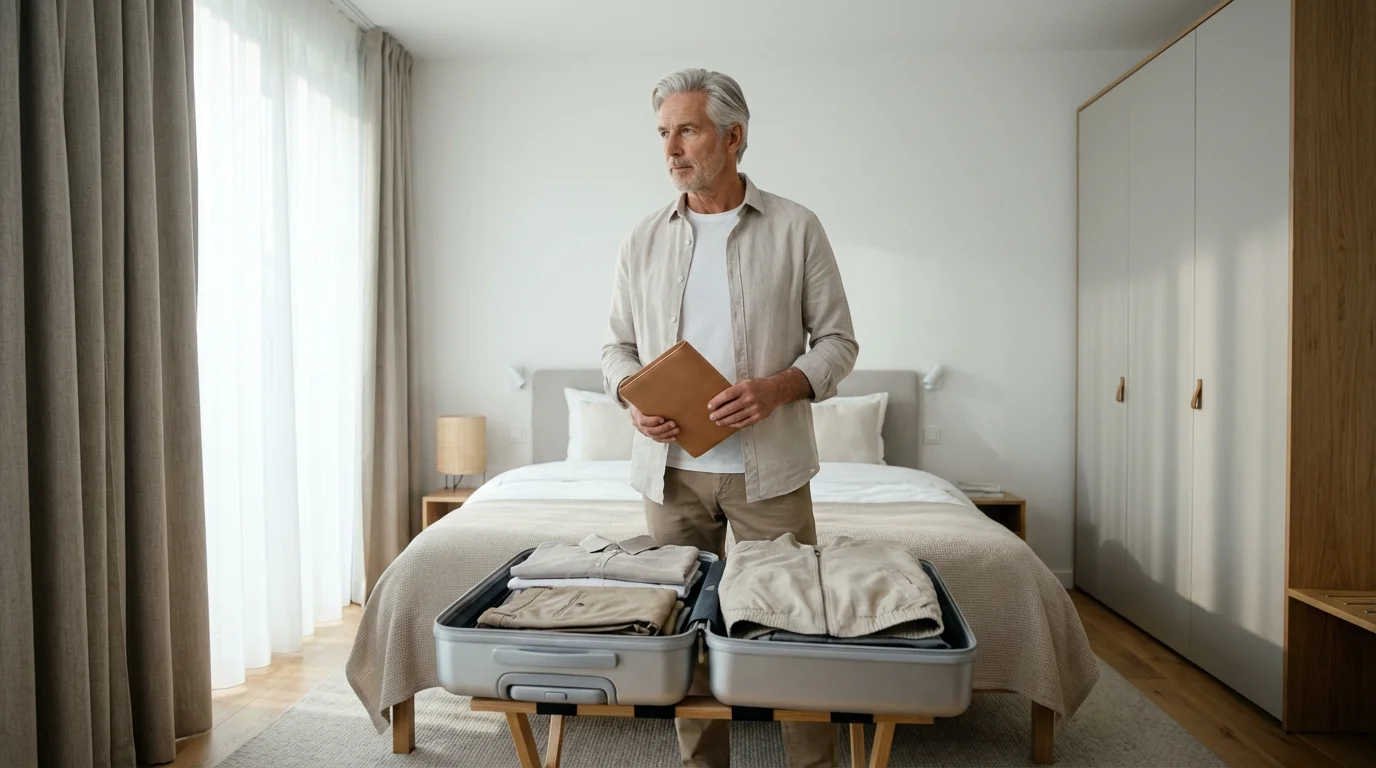 Senior man thoughtfully packing a suitcase with essential documents in a bright, sunlit modern bedroom.