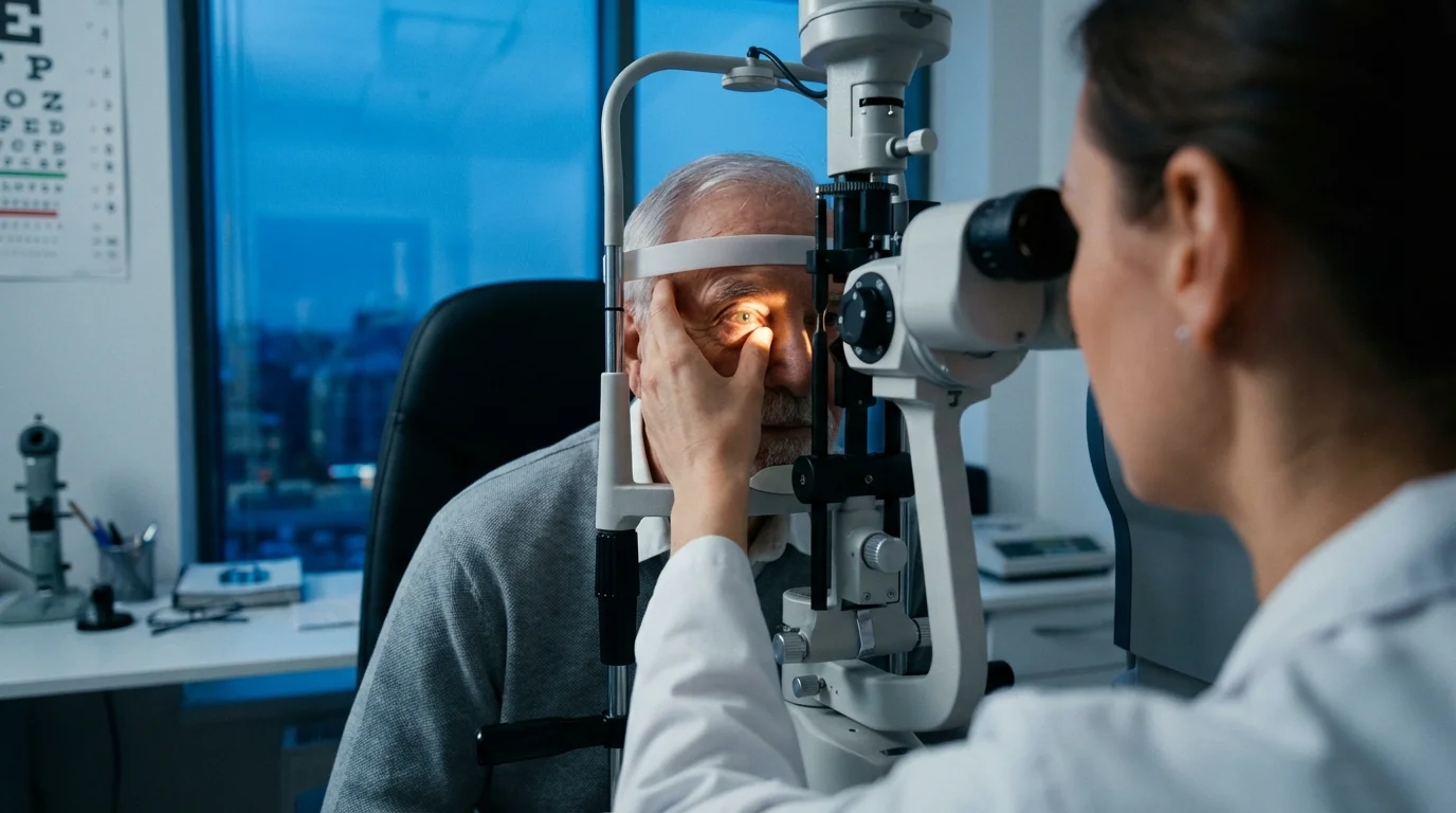 Senior man undergoing a comprehensive eye exam in a modern optometrist's office at dusk.