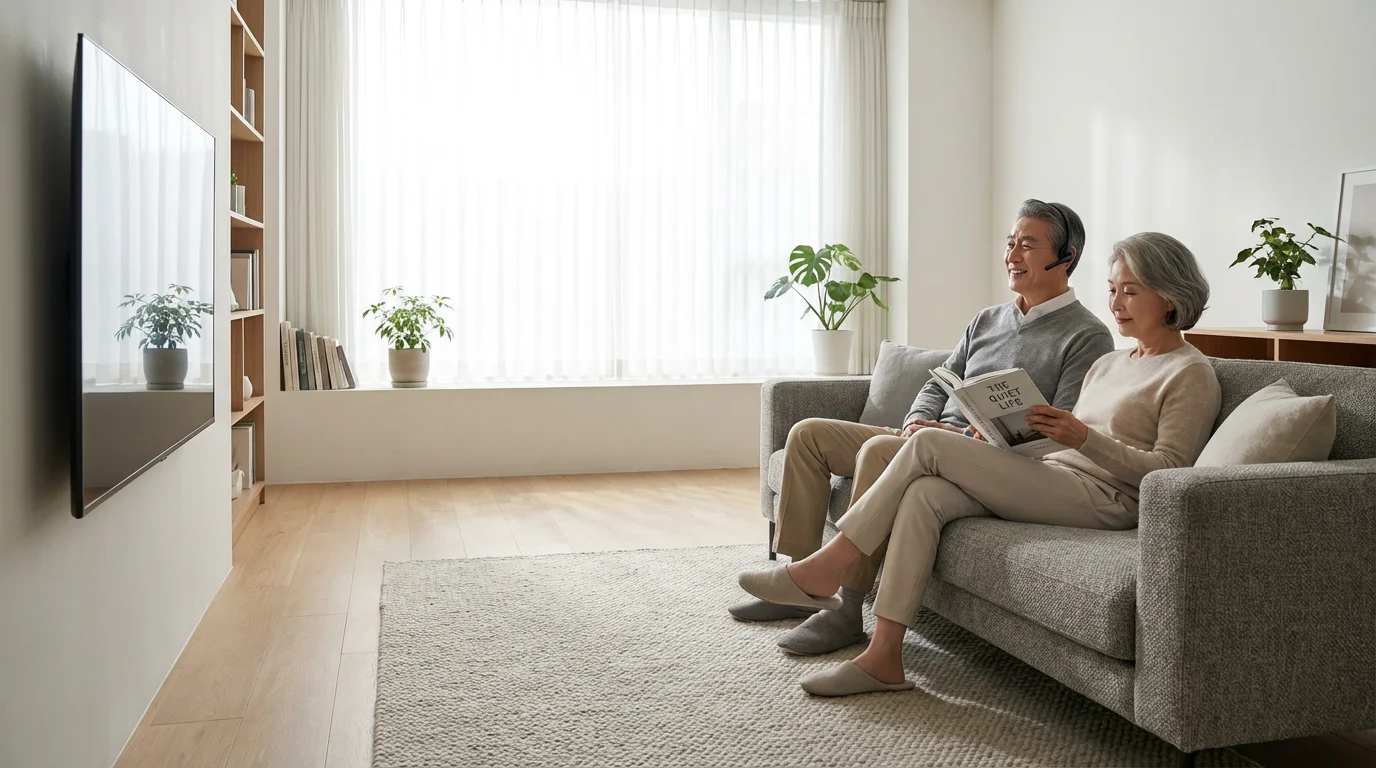 Senior man uses an assistive TV listening headset on a sofa next to his wife.