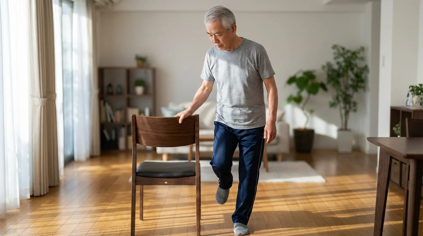 Senior man using a chair for balance during a safe home workout exercise.