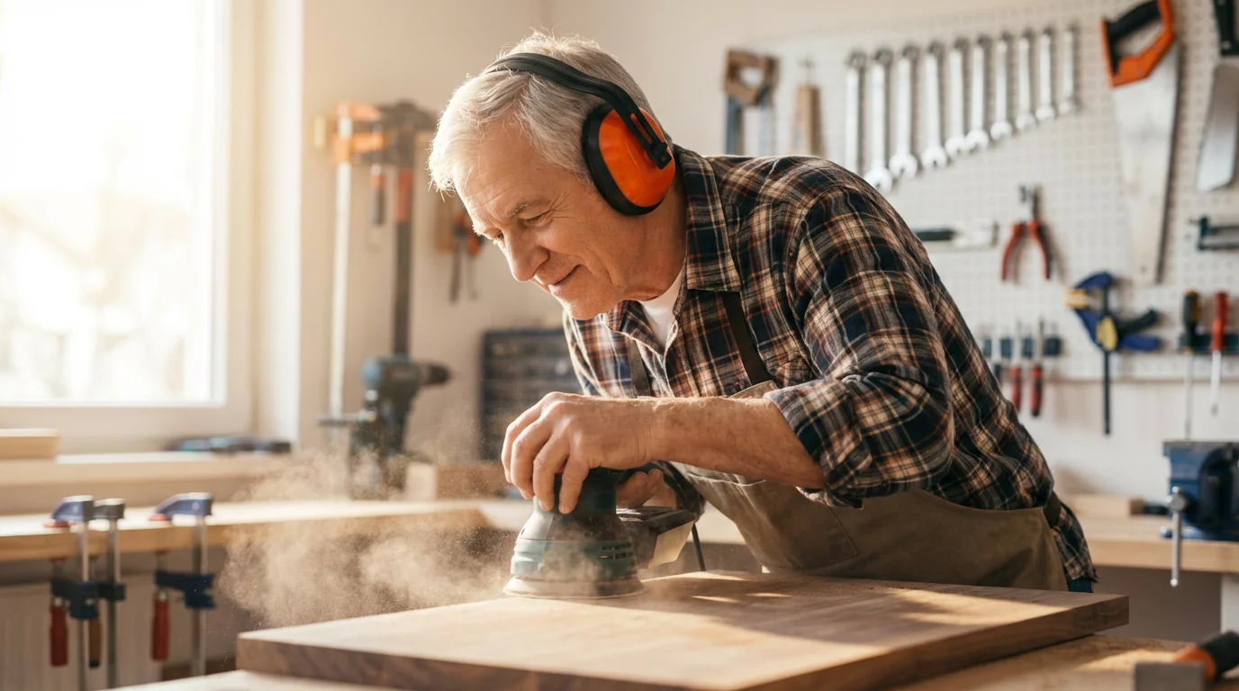 Senior man wearing protective earmuffs while woodworking in his home workshop to prevent hearing damage.