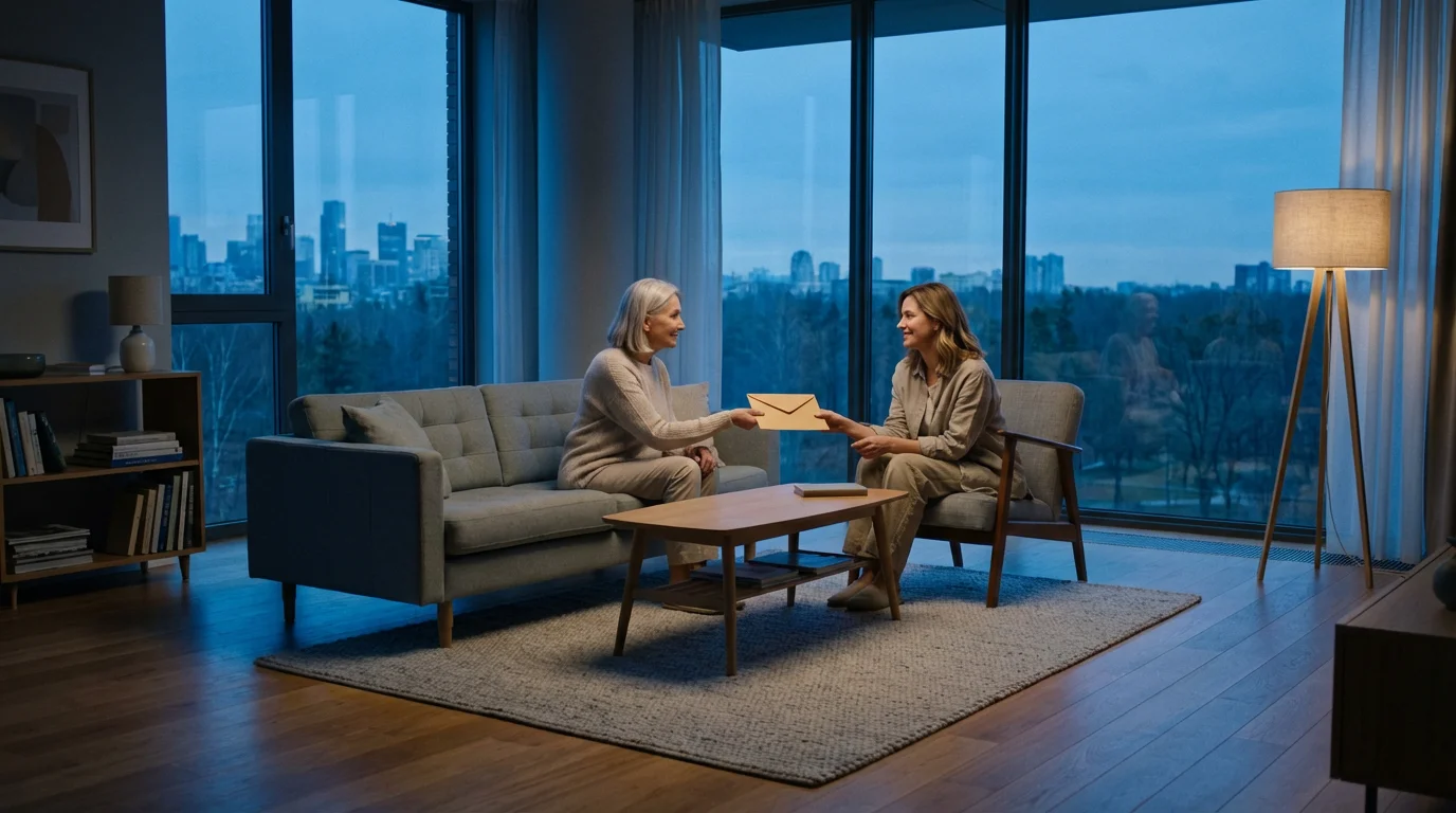 Senior mother gives her adult daughter important documents in a modern living room at dusk.