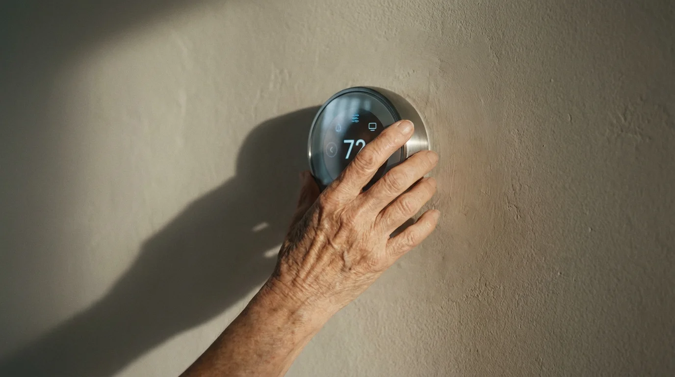 Senior person's hand adjusting a modern smart thermostat on a wall to save energy.