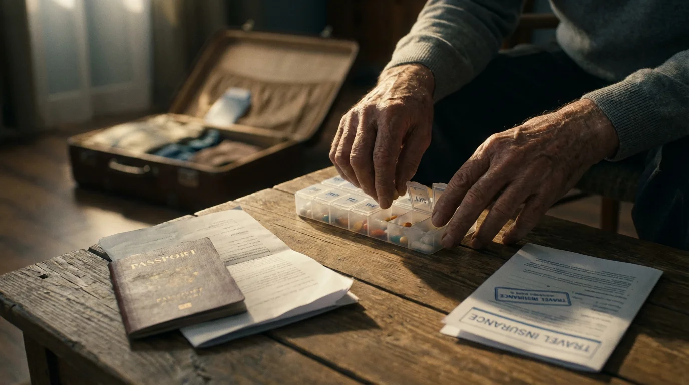 Senior person's hands organizing medications into a pill box next to a passport.