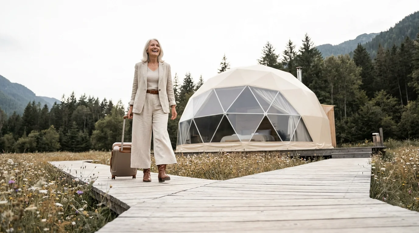 Senior woman arriving at a luxurious geodesic glamping dome on an accessible wooden path.