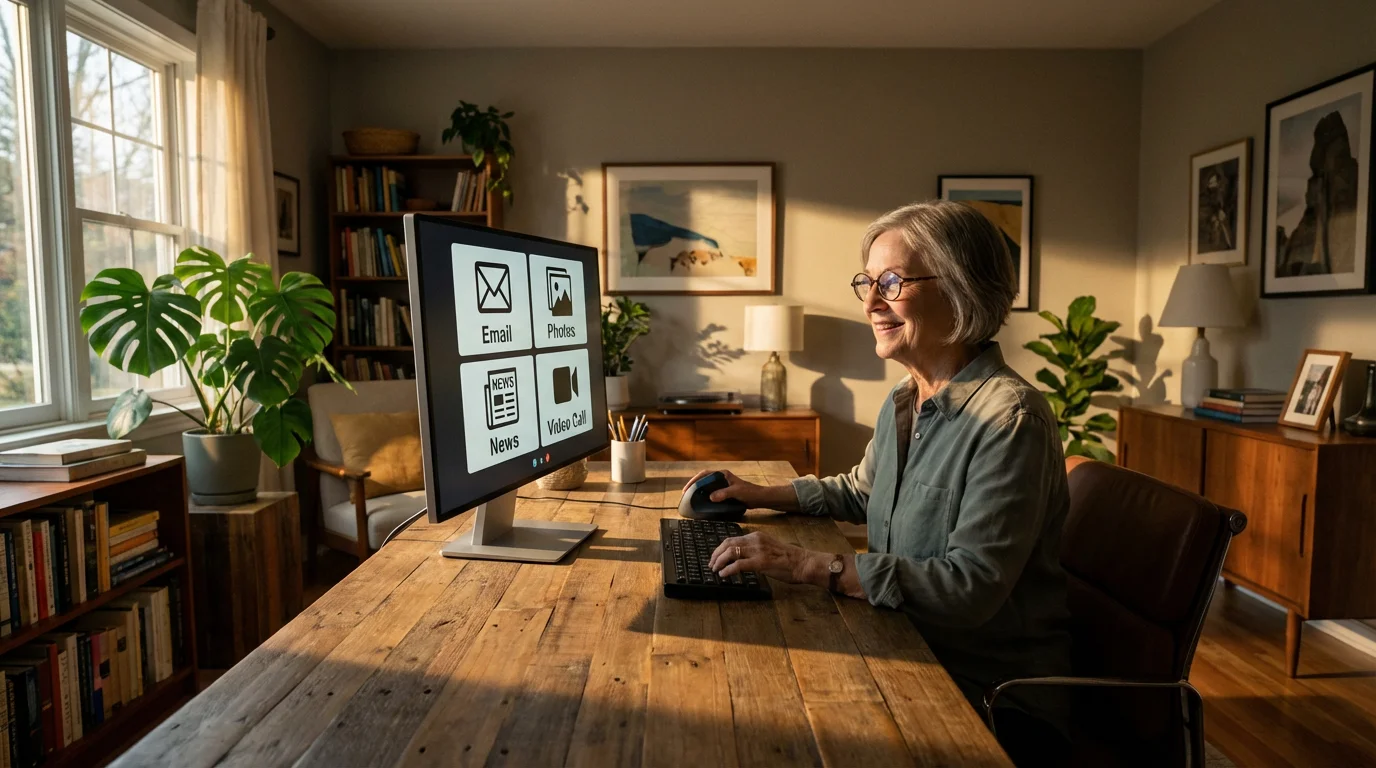 Senior woman at a home office desk with a large monitor and accessible peripherals.