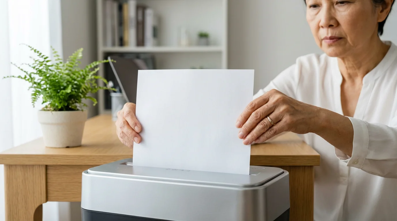 Senior woman carefully shredding a paper document in her sunlit home office.