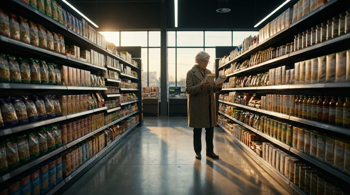Senior woman comparing products in a grocery store aisle with long afternoon shadows.