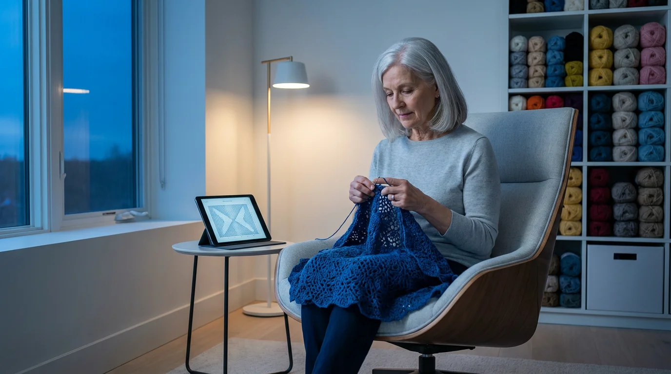 Senior woman crocheting a complex lace project in a modern craft room at dusk.