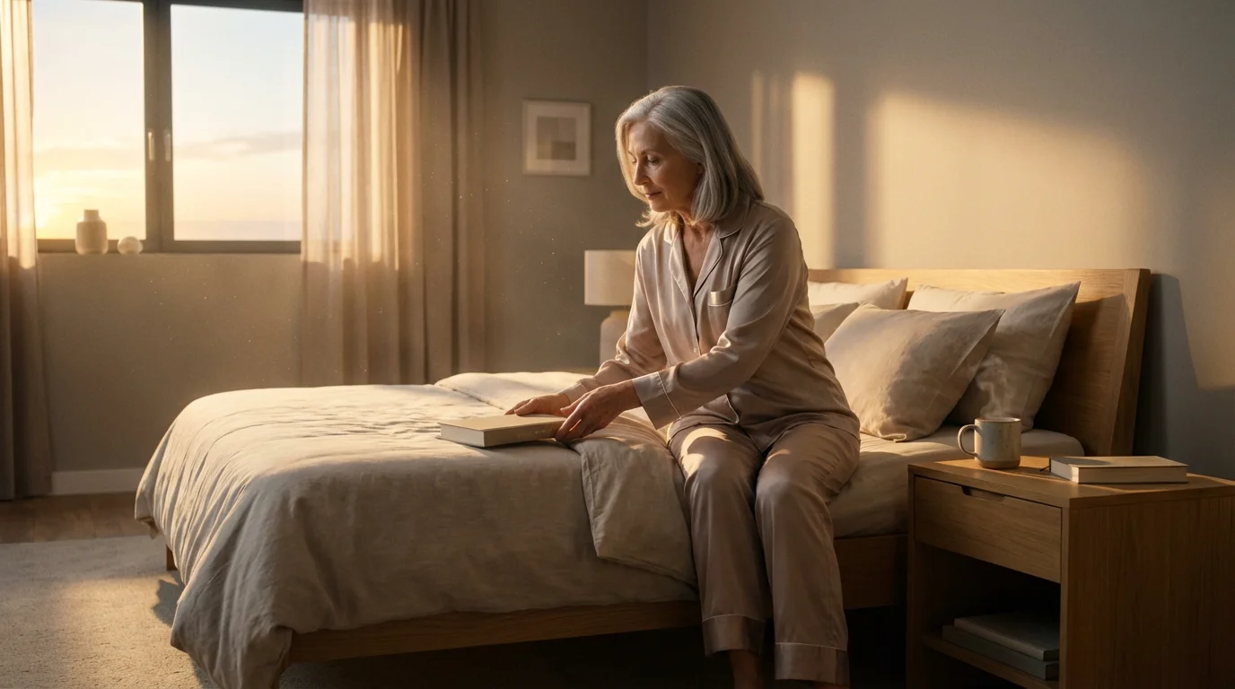 Senior woman in a calm, modern bedroom at sunset preparing for a restful night.