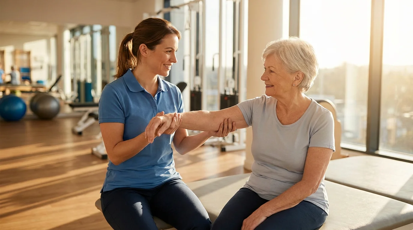 Senior woman in a physical therapy session with a supportive female therapist.