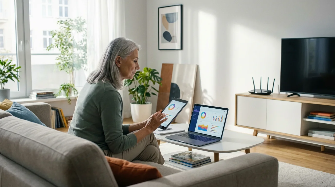 Senior woman in a sunlit living room comparing connectivity plans on a laptop and tablet.