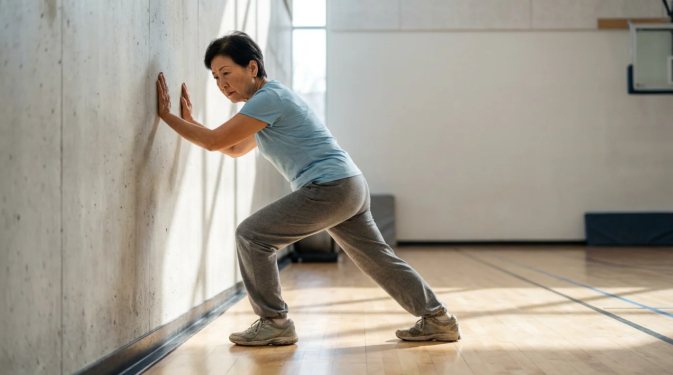 Senior woman in athletic wear stretching her leg against a wall before playing pickleball.