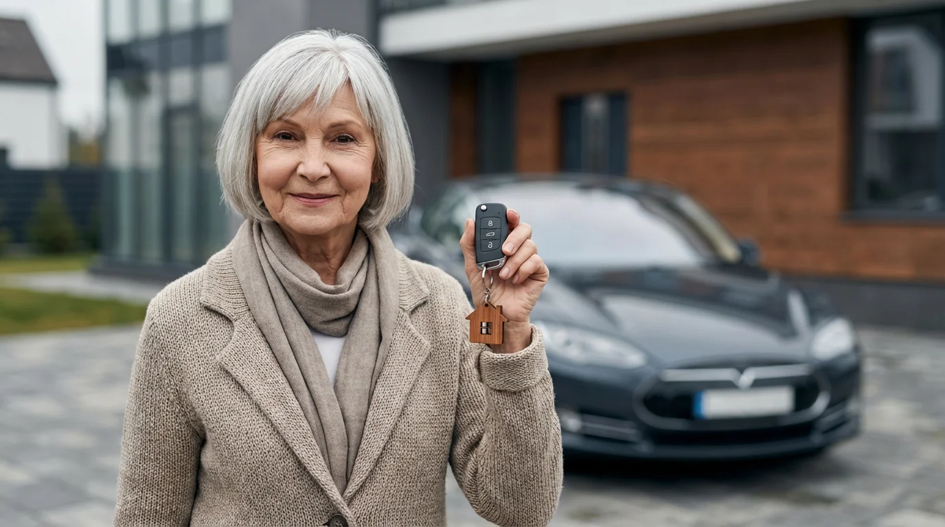 Senior woman in her driveway holding car keys with a house keychain, symbolizing bundling.