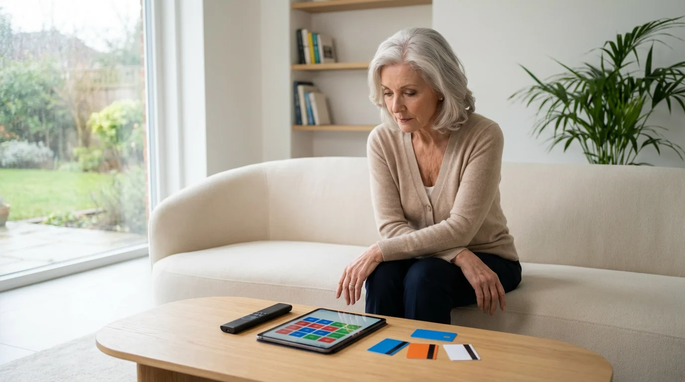 Senior woman in modern living room thoughtfully considering streaming options on her coffee table.