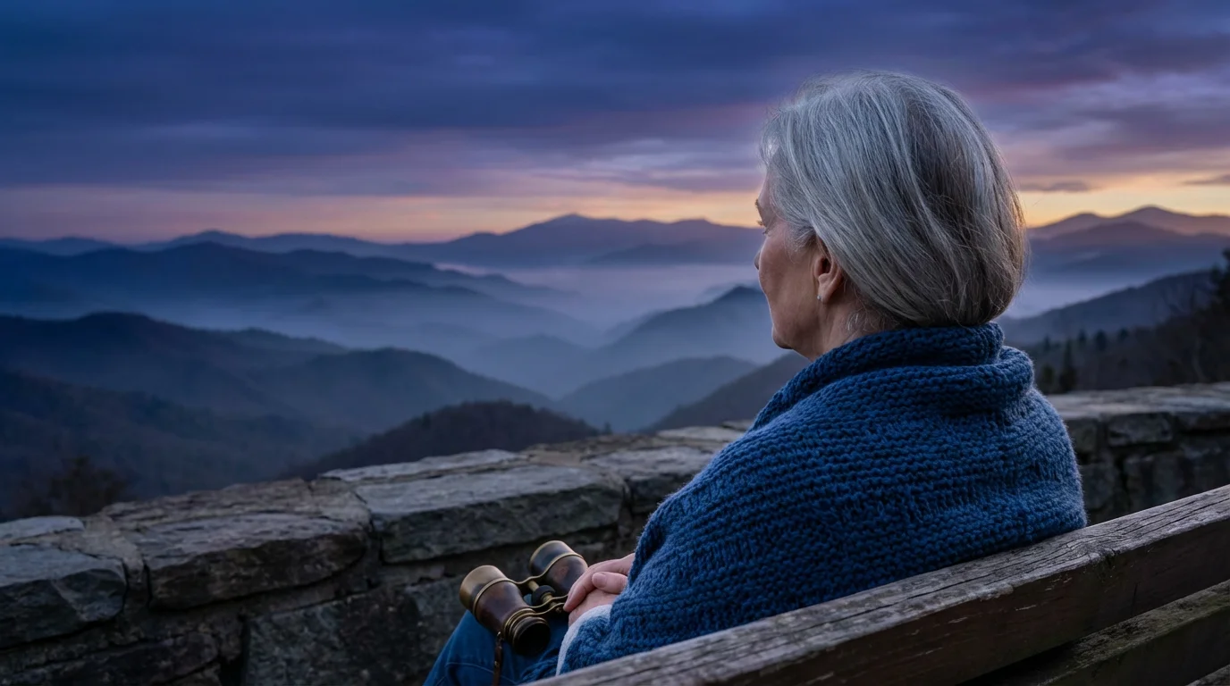Senior woman on a bench enjoying a mountain vista at a national park overlook.