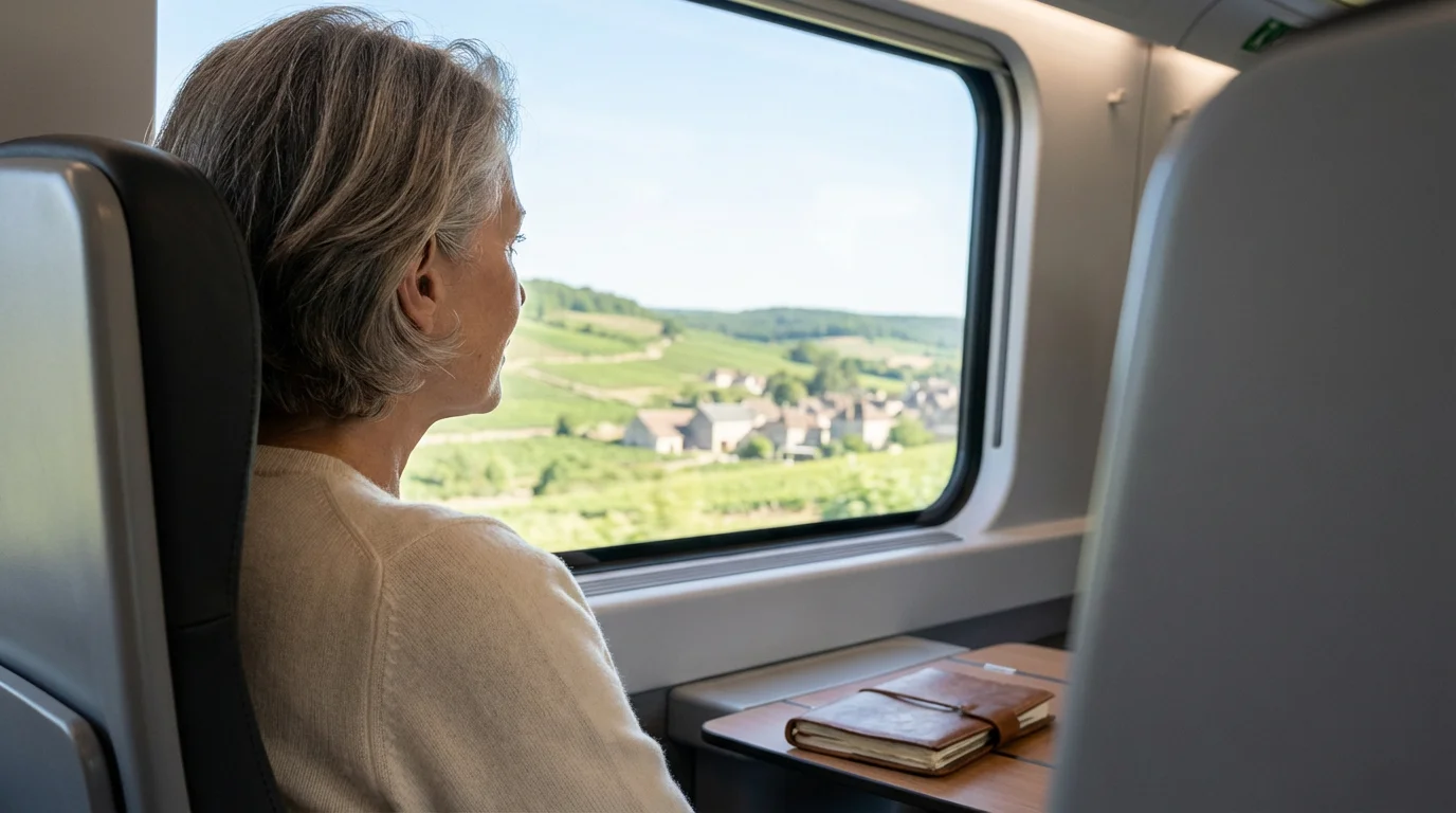 Senior woman on a scenic train journey through the European countryside, traveling solo.