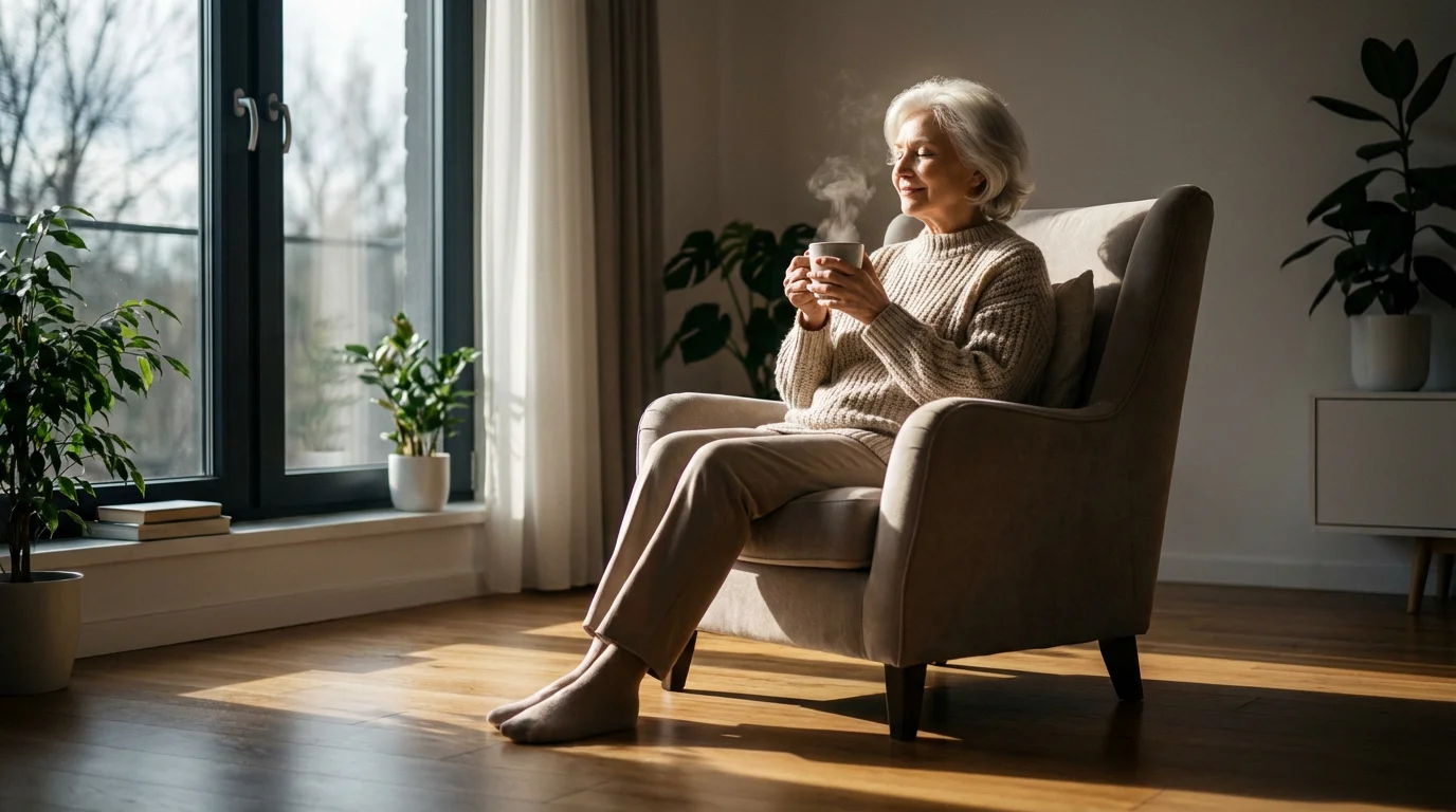 Senior woman peacefully meditating with tea in an armchair during a moody afternoon.