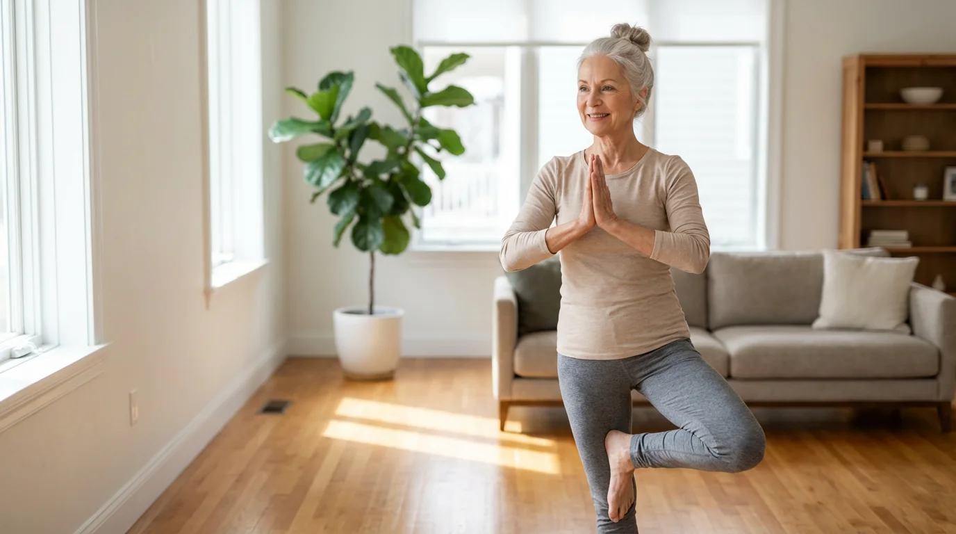 Senior woman practicing a yoga balance pose for stability in a bright living room.