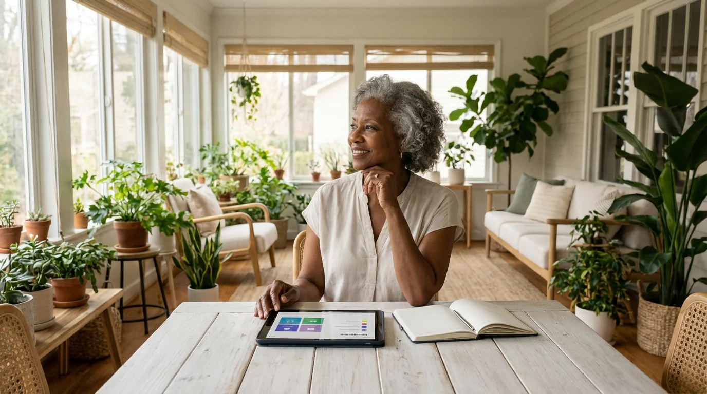 Senior woman smiles thoughtfully in a sunlit room with a tablet for online learning.