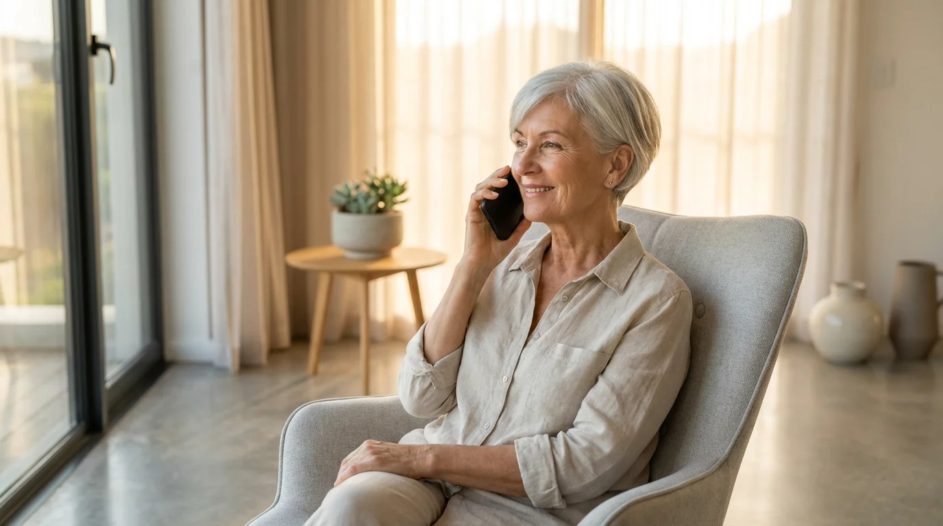 Senior woman smiling while talking on her smartphone in a sunlit living room.