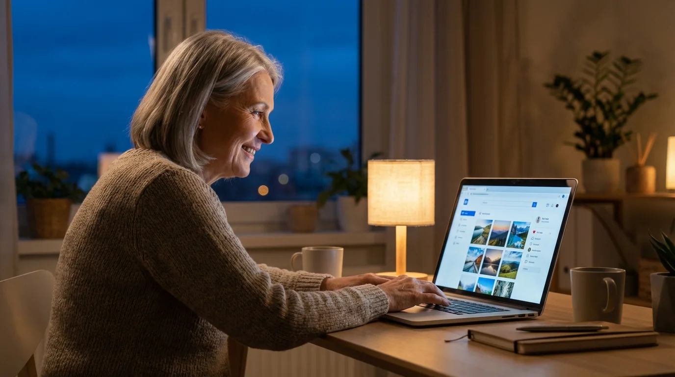 Senior woman smiling while viewing her photography portfolio on a laptop at dusk.
