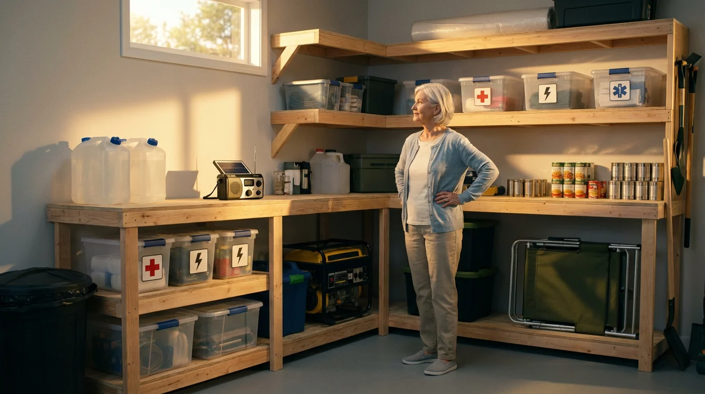 Senior woman surveys her well-organized emergency preparedness supplies in a garage during golden hour.