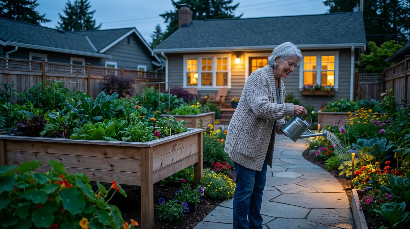 Senior woman tending to her accessible raised garden beds in a backyard at dusk.