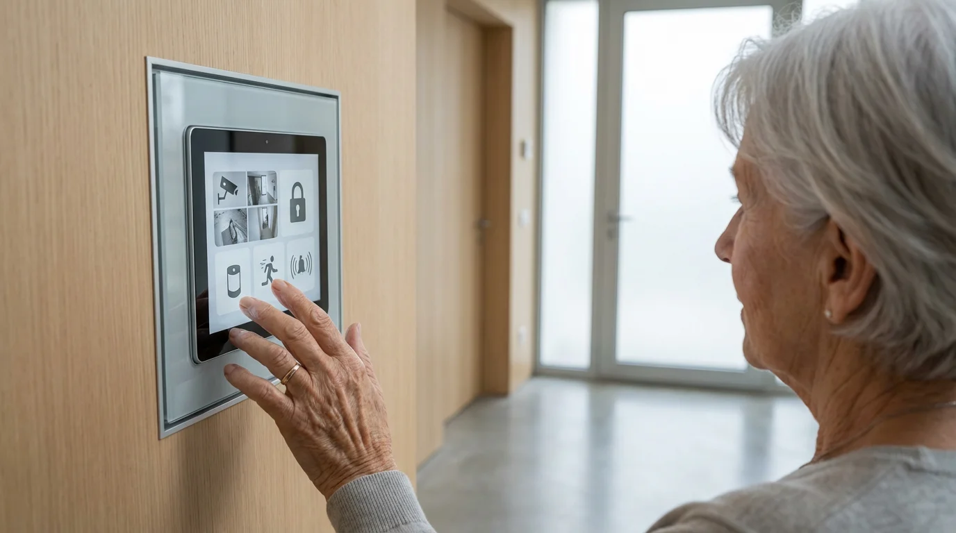 Senior woman uses a modern, wall-mounted smart home security panel in her entryway.