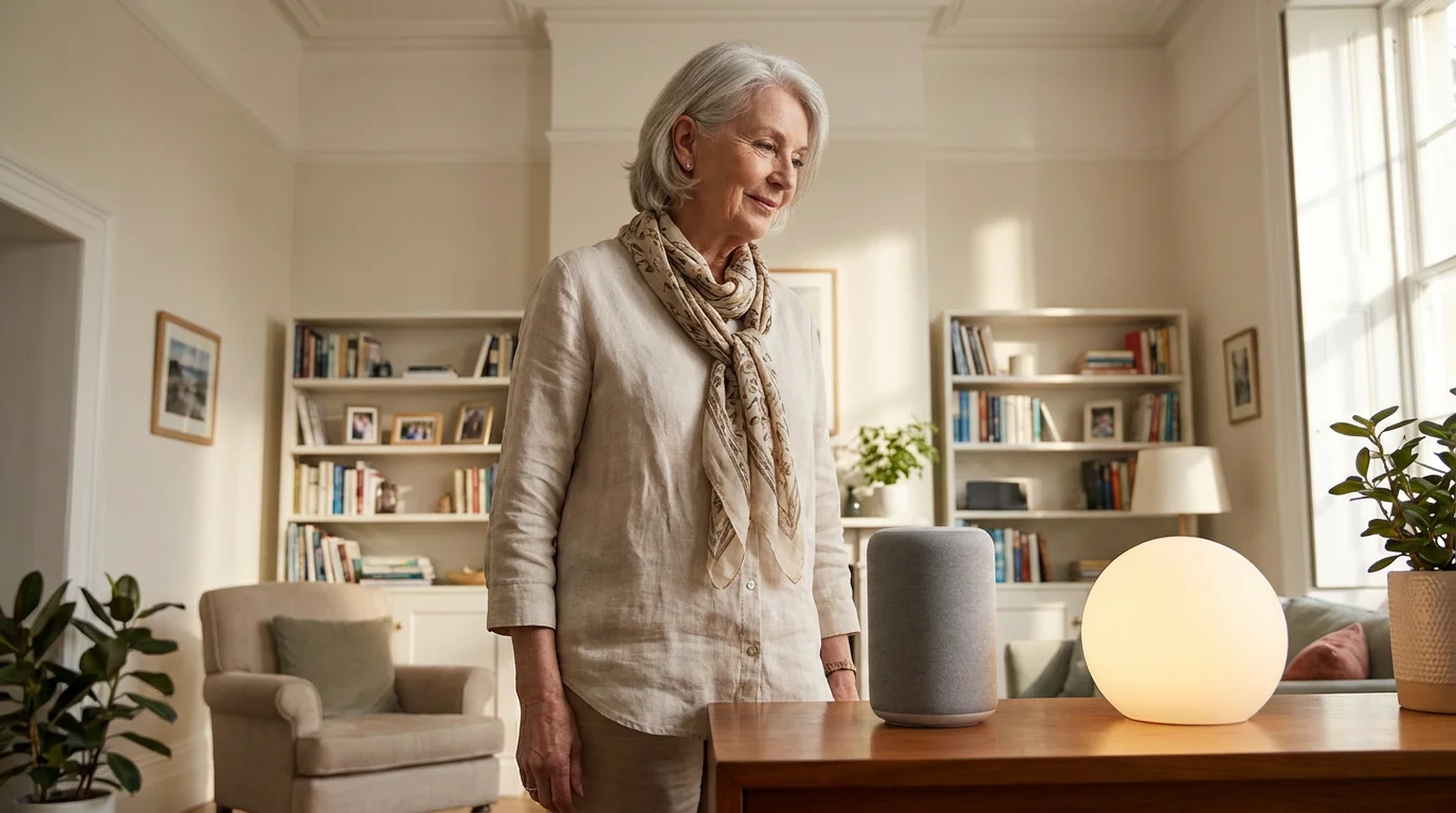 Senior woman using a voice command for a smart home speaker in her living room.
