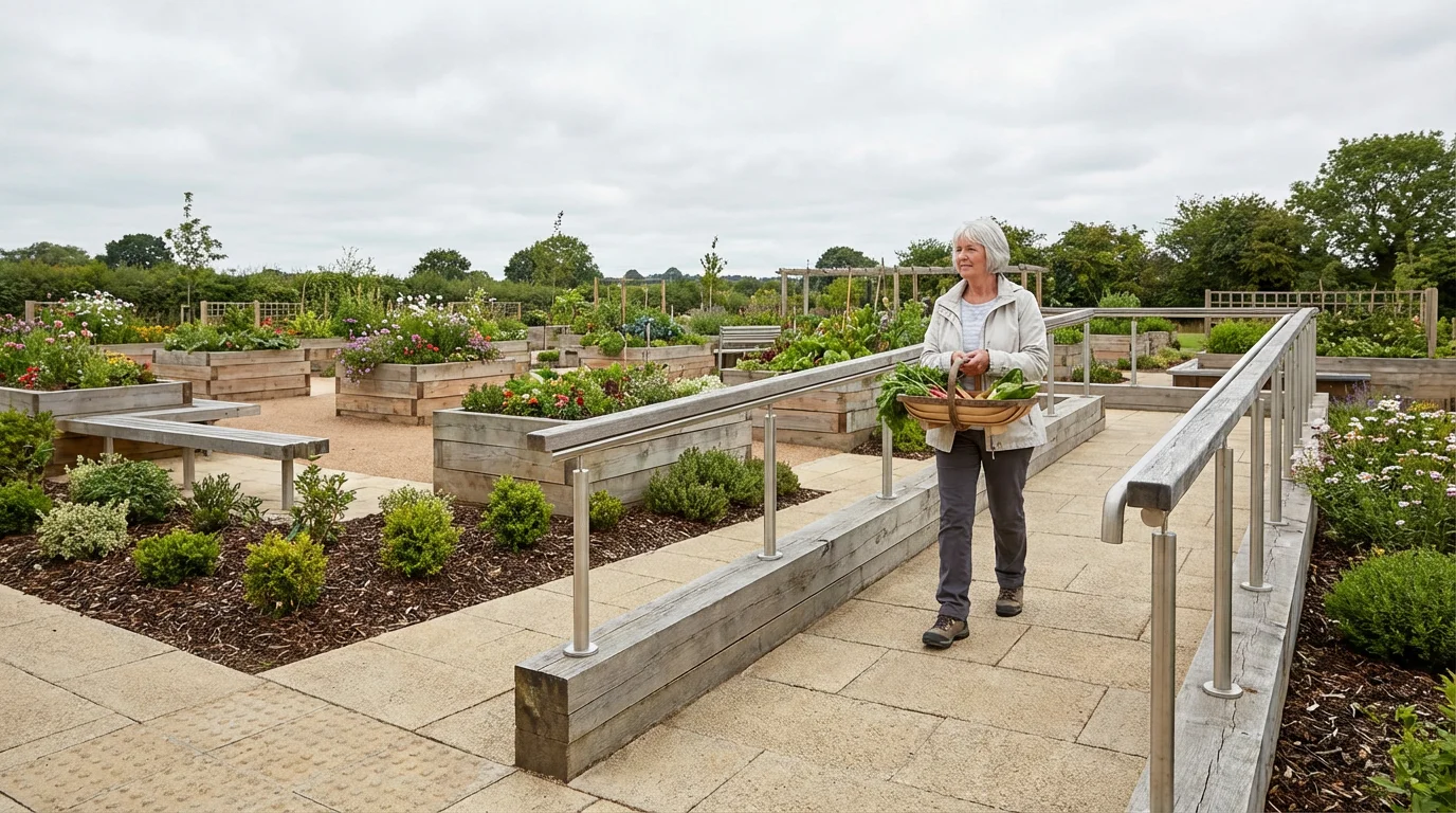 Senior woman walking safely on a wide, non-slip garden path with a handrail.