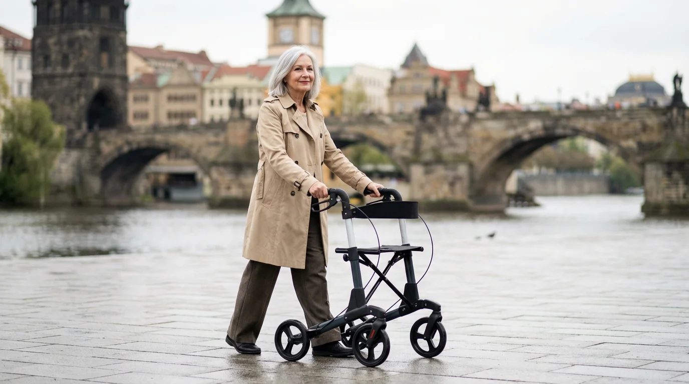 Senior woman with a walker enjoys an accessible riverside promenade in a European city.