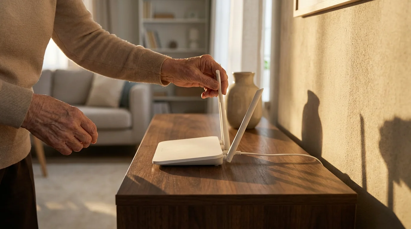 Senior woman's hands adjusting the antennas of a modern Wi-Fi router for better streaming.