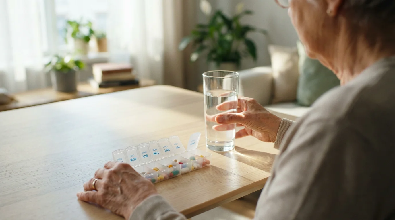 Senior woman's hands by a pill organizer and a glass of water on a table.