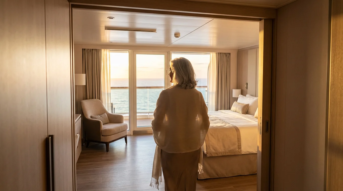 Senior woman's perspective entering a spacious, accessible cruise ship cabin during a warm sunset.