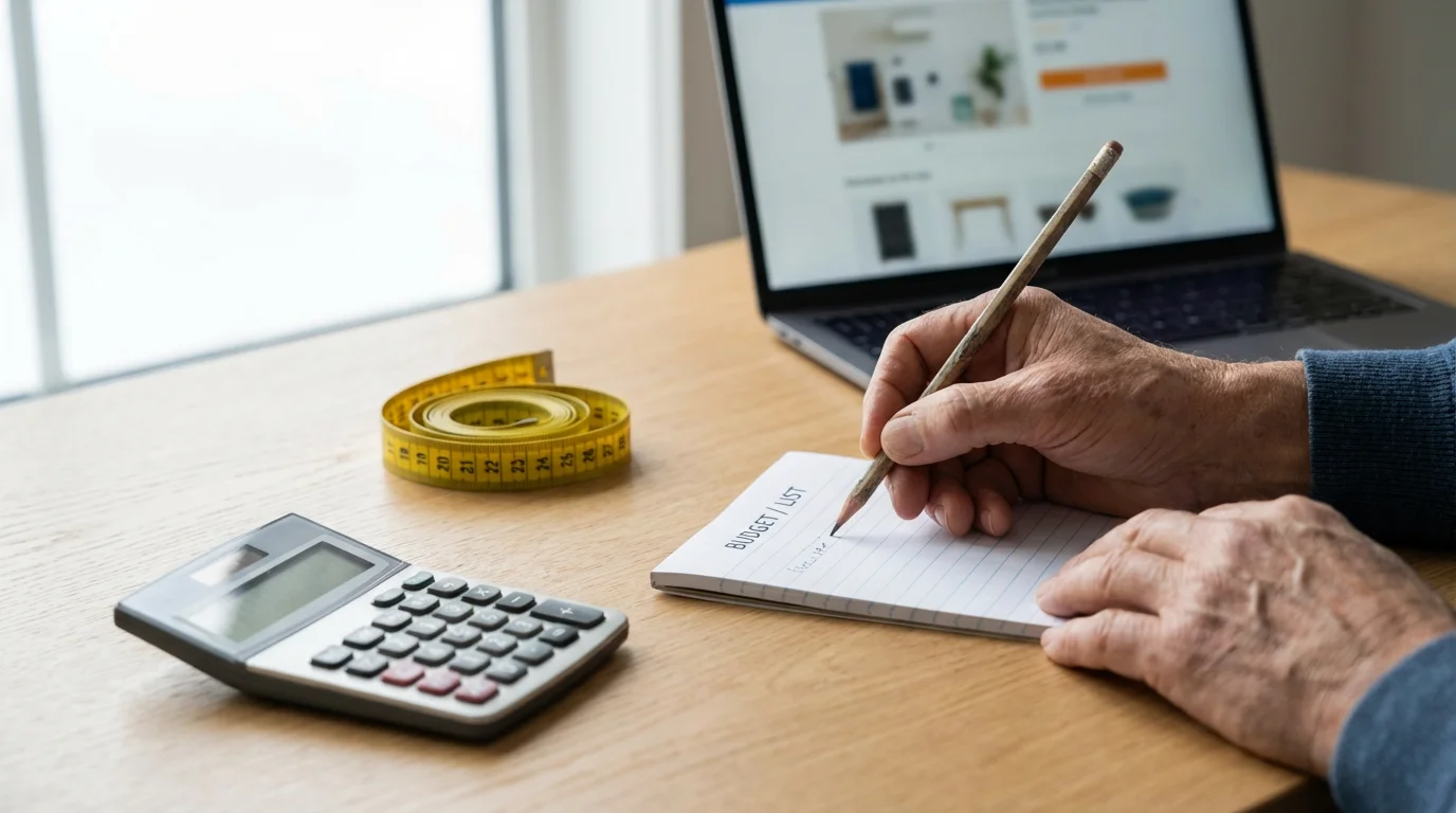 Senior's hands writing a budget list on a desk with a calculator and tape measure.