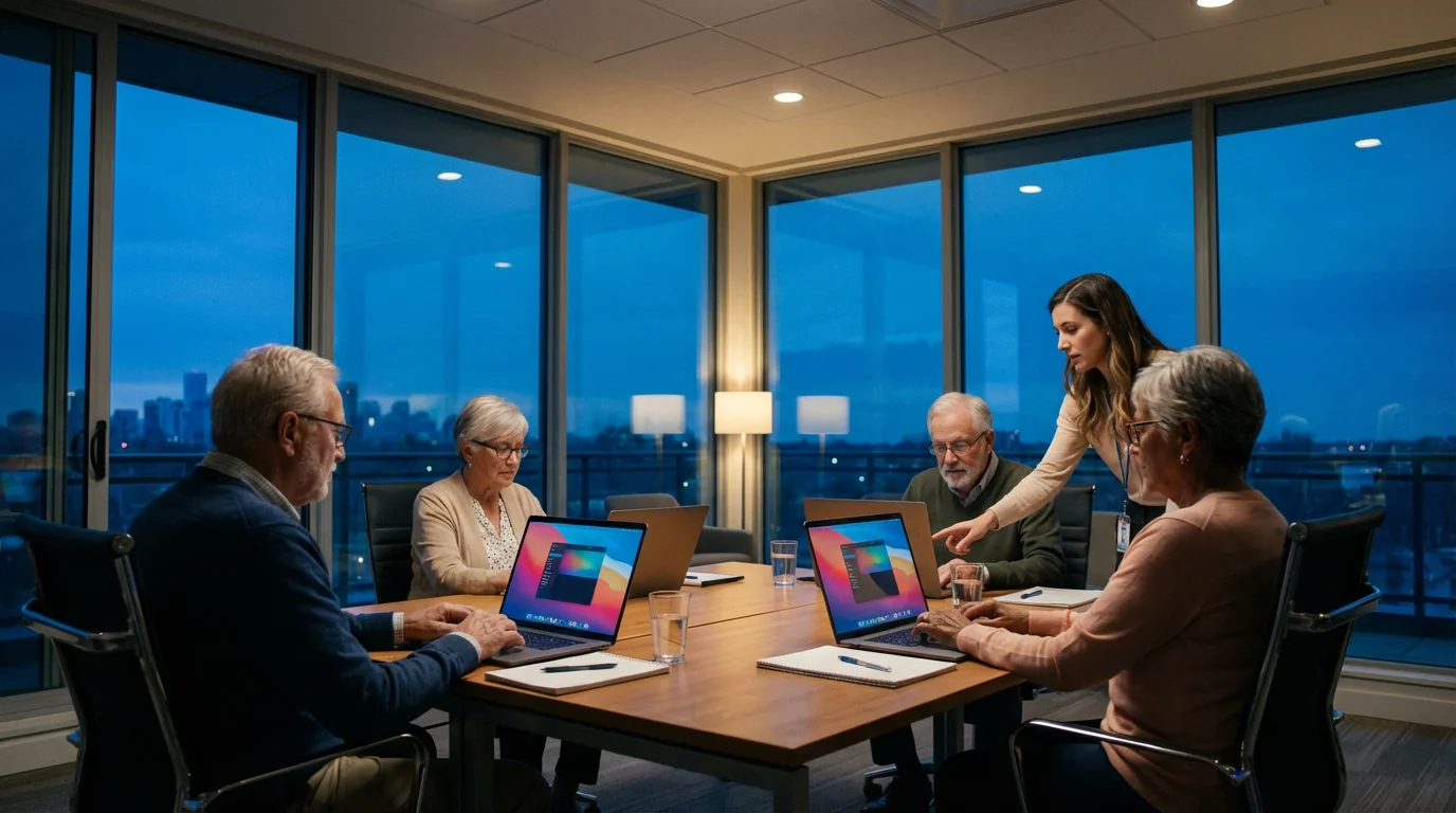 Seniors learning on laptops in a modern classroom during an evening technology workshop.