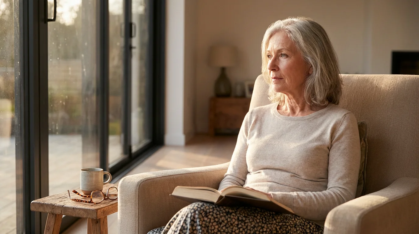 Thoughtful senior woman in a sunlit room with a book and reading glasses nearby.