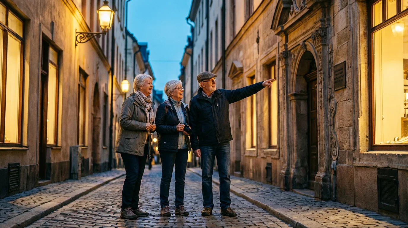 Three seniors on an evening walking tour on a charming European cobblestone street.